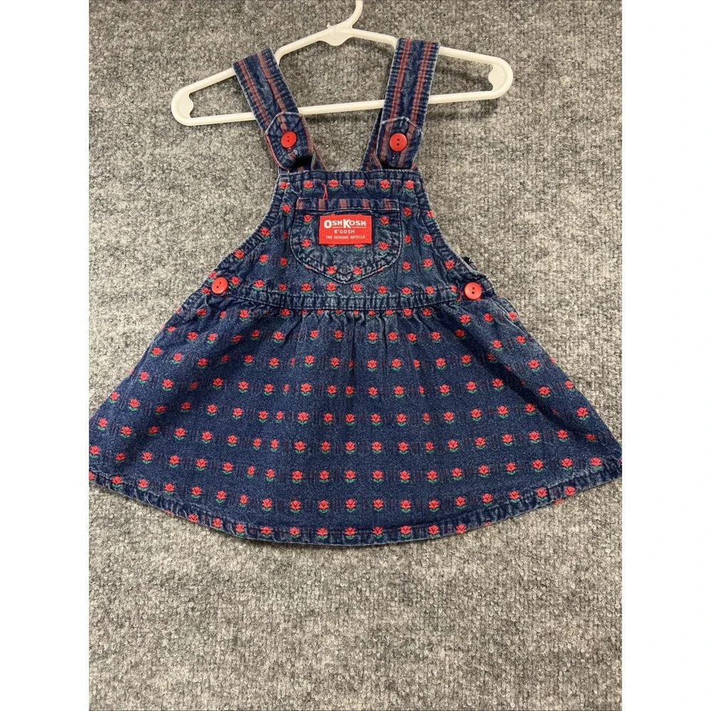 Rare Vintage OshKosh B'Gosh Floral Rose Denim Jumper Dress 18M Made in USA